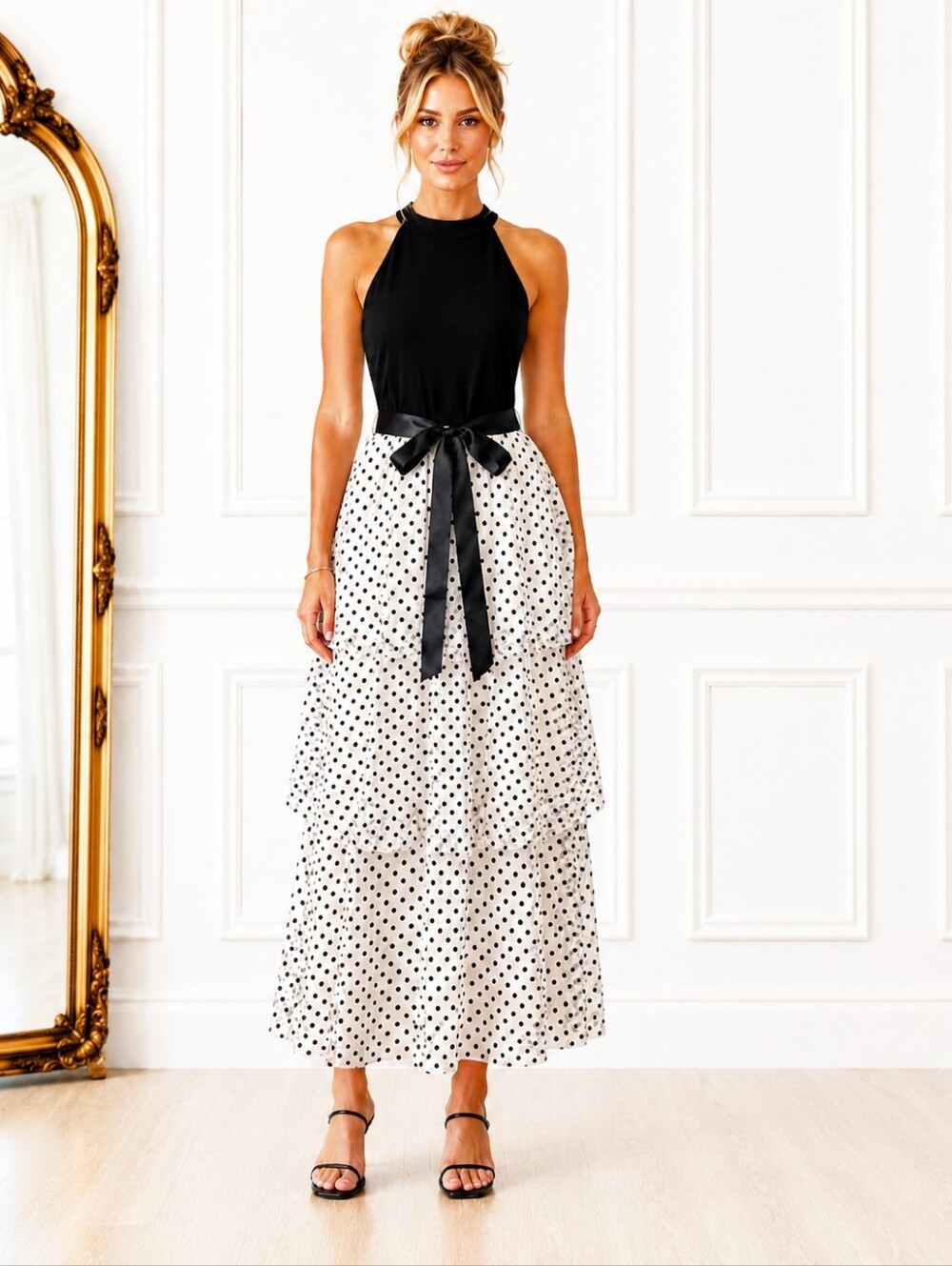 Candalite | Black & White Polka Dot Maxi Dress | Size XL | Tiered Halter Dress